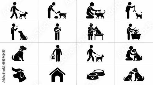 A set of silhouette icons depicting people interacting with dogs in various activities.