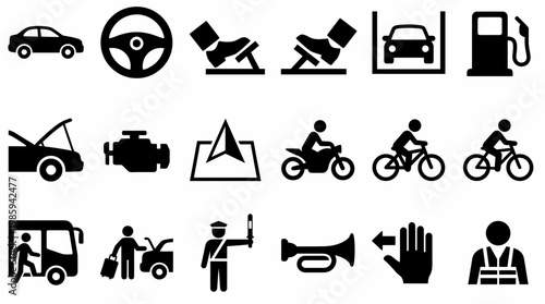 A set of silhouette icons depicting various transportation and travel-related activities and objects.