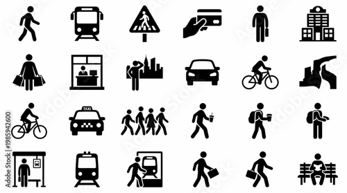 A set of silhouette icons depicting people and transportation in an urban environment.