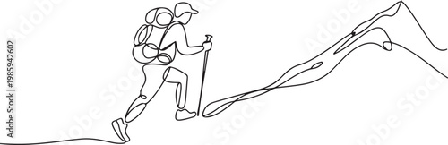 continuous single line drawing of man with trekking pole and backpack hiking up mountain. one line Icon drawing