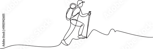 continuous single line drawing of man with trekking pole and backpack hiking up mountain. one line Icon drawing
