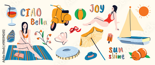 Summer beach doodle vector set with woman, sailboat, scooter, wine glass, umbrella, seashell, oranges and sunshine. Hand drawn summer vacation illustration for poster and banner.