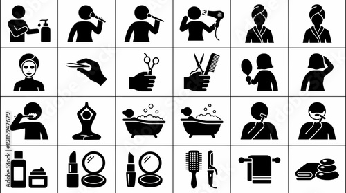 The silhouette set of icon illustrations depicts people getting ready.