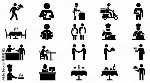 A set of silhouette icons depicting people in a restaurant environment.