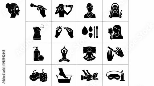 A set of silhouette icons depicts a spa day with people and treatments.