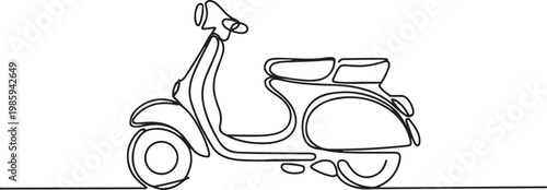 single line drawing of classic motor scooter isolated on white background, line art vector illustration. one line Icon drawing