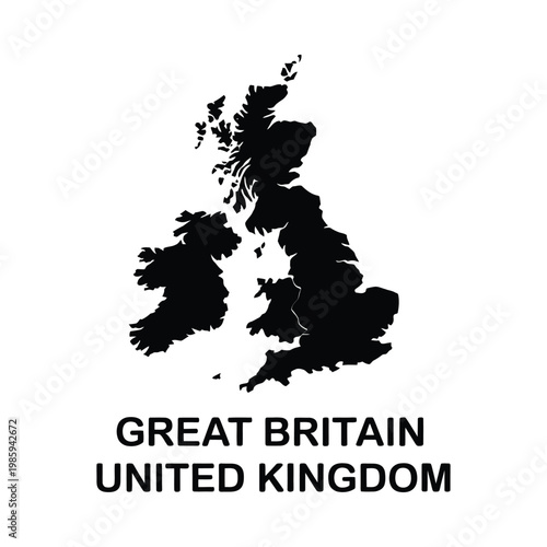 A stark black silhouette of great britain and ireland with accompanying text below high quality