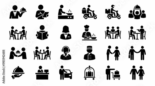 A set of black silhouette icons depicting various restaurant and hospitality scenes.