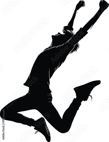 Silhouette of a person jumping for joy celebrating success with arms raised isolated on white background for concept design