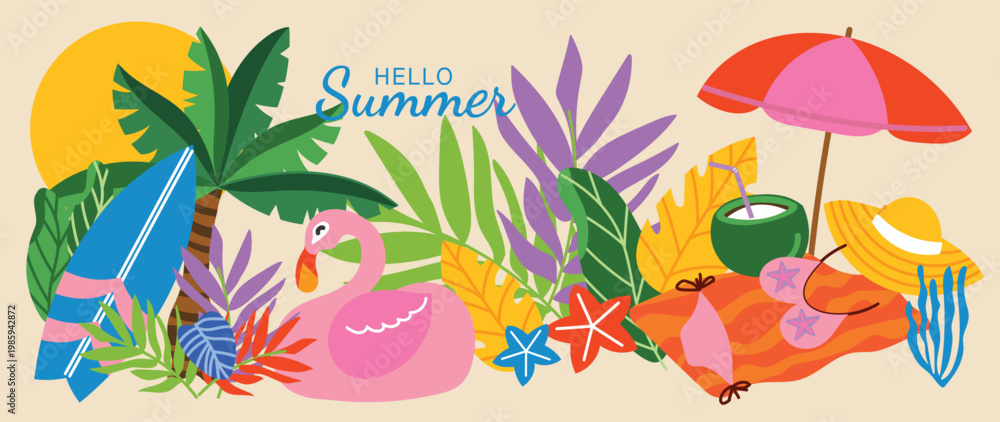 Obraz premium Hello Summer tropical beach vector background with flamingo, surfboard, palm leaves, umbrella, coconut drink, starfish and sun hat. Hand drawn summer illustration for poster, banner.