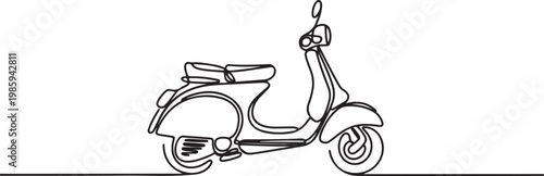 single line drawing of classic motor scooter isolated on white background, line art vector illustration. one line Icon drawing