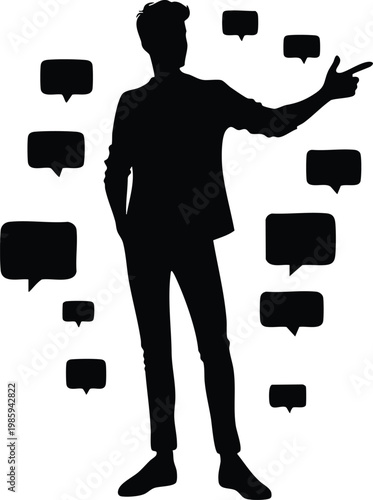 Silhouette of a man pointing with speech bubbles representing communication ideas and social media isolated on white