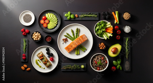 Vibrant overhead spread of healthy meal ingredients including grilled salmon, fresh asparagus, avocado, berries, nuts, and quinoa, ideal for a balanced and nutritious diet