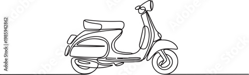 single line drawing of classic motor scooter isolated on white background, line art vector illustration. one line Icon drawing