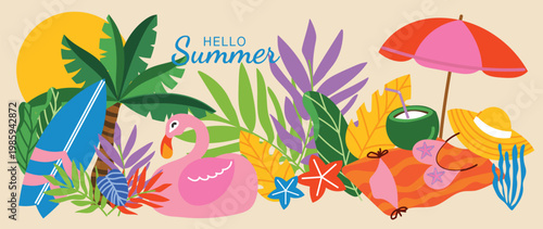 Hello Summer tropical beach vector background with flamingo, surfboard, palm leaves, umbrella, coconut drink, starfish and sun hat. Hand drawn summer illustration for poster, banner.