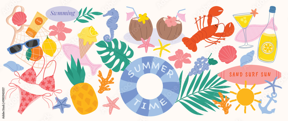Naklejka premium Summer time beach doodle vector set with swimsuit, sunglasses, tropical fruits, seashells, starfish, lobster, cocktail, coconut drinks and floral elements. Hand drawn summer illustration collection.
