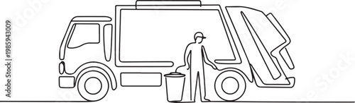 continuous single line drawing of garbage truck and garbage collector with garbage can, garbage collection concept. one line Icon drawing