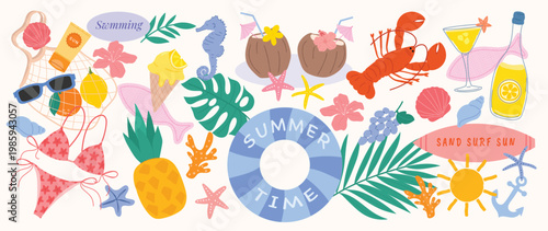 Summer time beach doodle vector set with swimsuit, sunglasses, tropical fruits, seashells, starfish, lobster, cocktail, coconut drinks and floral elements. Hand drawn summer illustration collection.