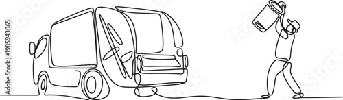 continuous single line drawing of garbage truck and garbage collector with garbage can, garbage collection concept. one line Icon drawing