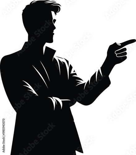 Silhouette of a man pointing to the side representing direction or a decision isolated on white background
