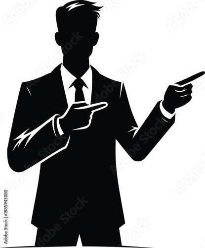Silhouette businessman pointing to the side a professional figure in a suit for business presentations and concepts isolated on white