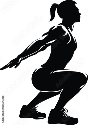 Silhouette of a muscular woman performing a squat exercise dynamic fitness illustration for sports and health concepts isolated on white