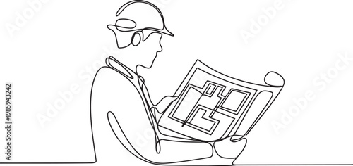 continuous single line drawing of civil engineer or architect with constructions plans. one line Icon drawing