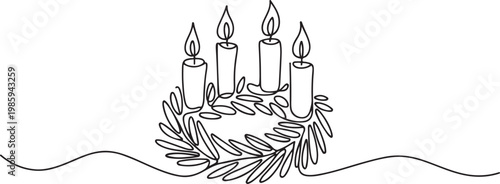 continuous single line drawing of advent wreath with four candles burning, christmas concept. one line Icon drawing