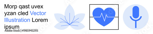 Health awareness, fitness coaching, wellness branding, mindfulness, digital health, communication tools. Blue icons a flower, heartbeat and microphone. Health awareness and fitness coaching concept