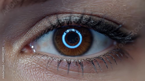 An intricate close-up features a stunningly detailed eye, showcasing deep brown hues contrasted by a mesmerizing blue ring. This captivating scene merges human emotion with advanced technology.
