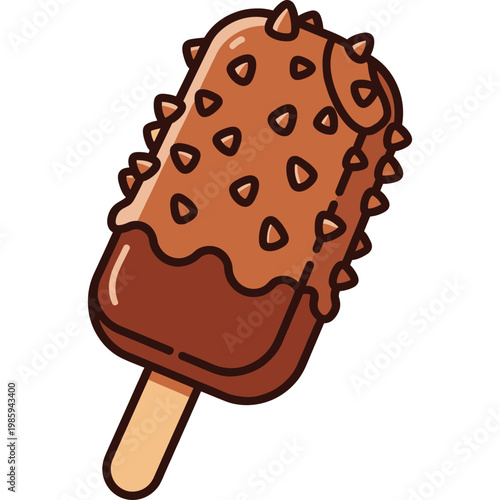 A chocolate ice cream bar with nuts on a stick is melting.