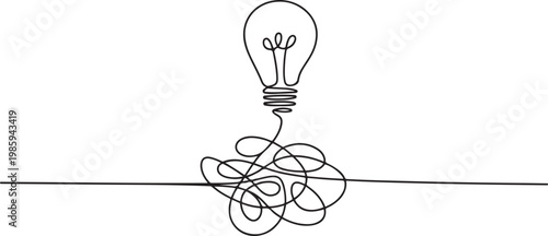 continuous single line drawing of light bulb with tangled cord, line art vector illustration. one line Icon drawing