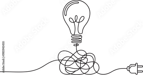 continuous single line drawing of light bulb with tangled cord, line art vector illustration. one line Icon drawing