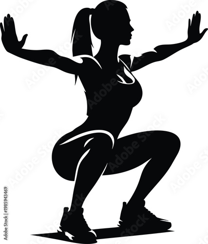Silhouette of a woman performing a deep squat exercise fitness and workout concept isolated on white background