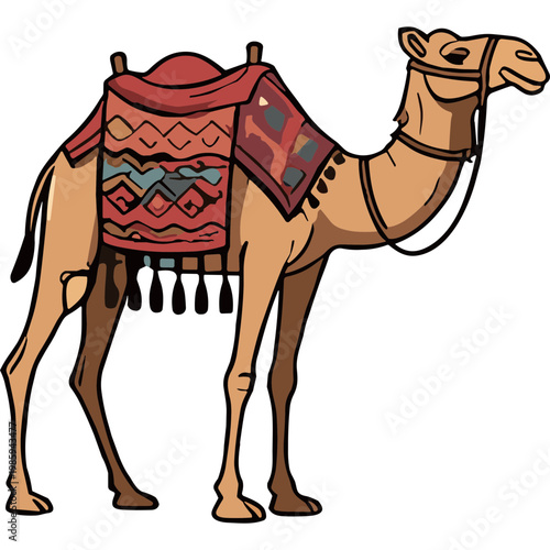 A camel wearing a colorful saddle and harness stands in a desert landscape.