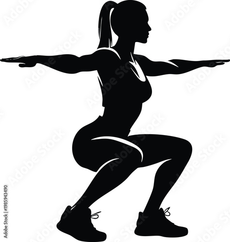 Silhouette of a woman performing a squat exercise representing fitness and healthy lifestyle isolated on white background for graphic design
