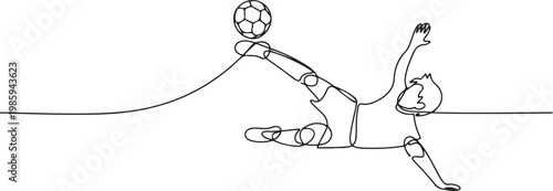 Single continuous line drawing of young talented football player shooting the ball with bicycle kick technique. one line Icon drawing