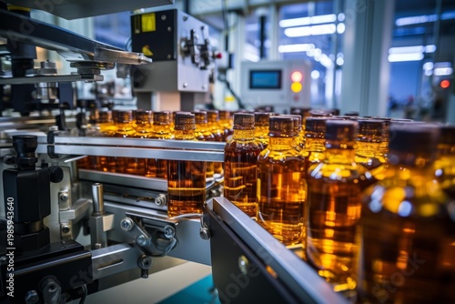 Amber bottles filled with liquid traveling on a conveyor belt in a modern factory setting