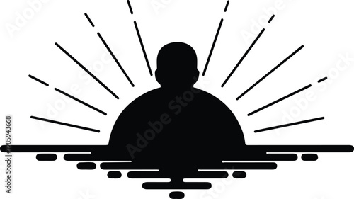 Silhouette of person meditating in water with rays of light vector design