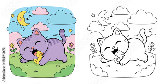 Cute Cartoon Purple Cat Playfully Cuddling a Yellow Chick Under a Sleeping Moon