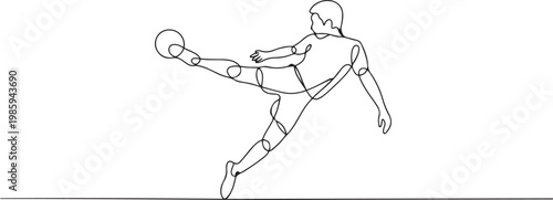 Single continuous line drawing of young talented football player shooting the ball with bicycle kick technique. one line Icon drawing