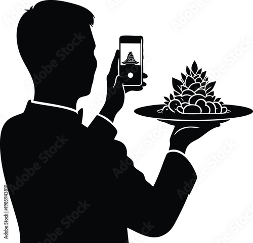 Waiter photographing gourmet food dish with smartphone concept for food blogging and social media sharing isolated on white