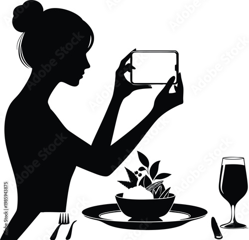 Silhouette of a woman taking a photo of her meal with a smartphone concept for food photography and social media sharing isolated on white