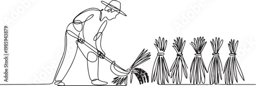 Single one line drawing of young male farmer was harvesting rice and there was also rice that had been tied up. one line Icon drawing