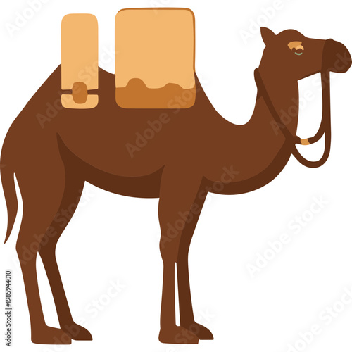 A brown camel with two saddle bags stands in a desert environment.