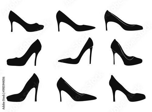 High heel shoes of various designs are shown in a grid. Each shoe has a distinct shape and style. The background is simple to keep the focus on the shoes