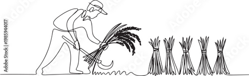 Single one line drawing of young male farmer was harvesting rice and there was also rice that had been tied up. one line Icon drawing