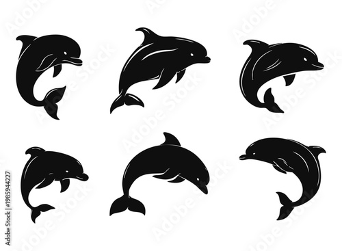 Dolphins are shown in different poses, swimming and jumping. design uses a black silhouette style with no colors. The shapes highlight the playful nature of these animals