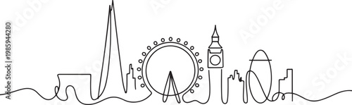 One continuous line drawing of London city skyline. Beautiful city skyscraper. World landscape tourism travel vacation home wall decor poster print concept. one line Icon drawing