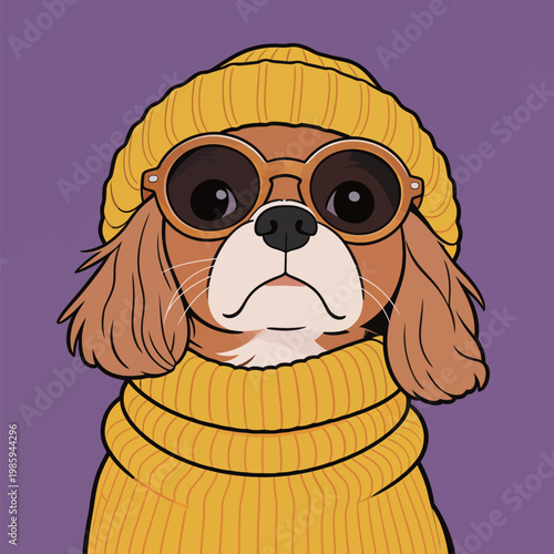 Cavalier King Charles Spaniel in Yellow Winter Outfit